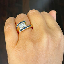 Load image into Gallery viewer, 14K Solid Heavy Yellow Gold Emerald Cut Moissanite And Princess Cut Natural Sapphires Engagement Ring Semi Tension Set 3.50ctw