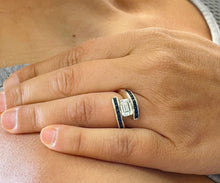 Load image into Gallery viewer, 14K Solid Heavy Yellow Gold Emerald Cut Moissanite And Princess Cut Natural Sapphires Engagement Ring Semi Tension Set 3.50ctw