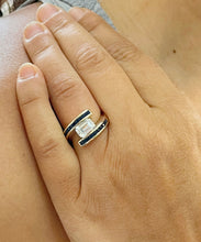 Load image into Gallery viewer, 14K Solid Heavy Yellow Gold Emerald Cut Forever One Moissanite And Princess Cut Natural Sapphires Engagement Ring Semi Tension Set 3.50ctw