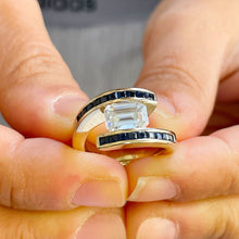 Load image into Gallery viewer, 14K Solid Heavy Yellow Gold Emerald Cut Forever One Moissanite And Princess Cut Natural Sapphires Engagement Ring Semi Tension Set 3.50ctw