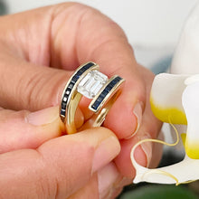 Load image into Gallery viewer, GIA/IGI Certified 14K Solid Heavy Yellow Gold Emerald Diamond And Princess Cut Natural Sapphires Engagement Ring Semi Tension Set 3.00 F-VS2