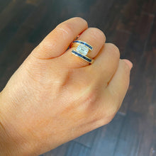 Load image into Gallery viewer, 14K Solid Heavy Yellow Gold Emerald Cut Forever One Moissanite And Princess Cut Natural Sapphires Engagement Ring Semi Tension Set 3.50ctw