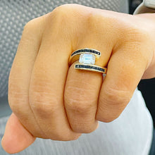 Load image into Gallery viewer, 14K Solid Heavy Yellow Gold Emerald Cut Forever One Moissanite And Princess Cut Natural Sapphires Engagement Ring Semi Tension Set 3.50ctw