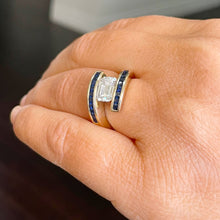 Load image into Gallery viewer, 14K Solid Heavy Yellow Gold Emerald Cut Moissanite And Princess Cut Natural Sapphires Engagement Ring Semi Tension Set 3.50ctw