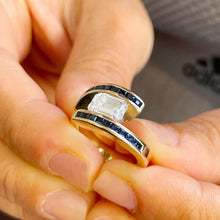 Load image into Gallery viewer, 14K Solid Heavy Yellow Gold Emerald Cut Moissanite And Princess Cut Natural Sapphires Engagement Ring Semi Tension Set 3.50ctw