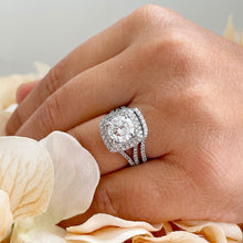 Load image into Gallery viewer, GIA/IGI Certified 14k Solid White Gold Round Cut Diamond Engagement Ring And Band Bridal Wedding Double Halo 3.25cttw F-VS2