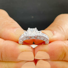 Load image into Gallery viewer, 14K Solid White Gold Princess Cut Moissanite And Round And Princess Cut Natural Diamond Engagement Ring Antique Style 2.25ctw