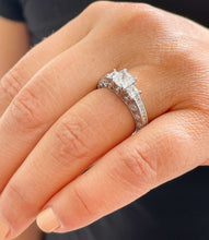 Load image into Gallery viewer, 14K Solid White Gold Princess Cut Moissanite And Round And Princess Cut Natural Diamond Engagement Ring Antique Style 2.25ctw
