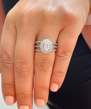 Load image into Gallery viewer, 14k Solid White Gold Oval and Round Cut Moissanite and Diamond Engagement Ring And Two Band Double Halo, Bridal, Wedding 2.25ctw