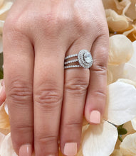 Load image into Gallery viewer, 14k Solid White Gold Oval and Round Cut Moissanite and Diamond Engagement Ring And Two Band Double Halo, Bridal, Wedding 2.25ctw