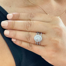Load image into Gallery viewer, 14k Solid White Gold Oval and Round Cut Moissanite and Diamond Engagement Ring And Two Band Double Halo, Bridal, Wedding 2.25ctw