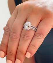 Load image into Gallery viewer, GIA/IGI Certified 14k Solid White Gold Oval and Round Cut Diamond Engagement Ring And Two Band Double Halo, Bridal, Wedding 1.75ctw F-VS2
