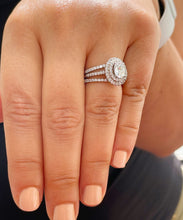 Load image into Gallery viewer, 14k Solid White Gold Oval and Round Cut Moissanite and Diamond Engagement Ring And Two Band Double Halo, Bridal, Wedding 2.25ctw