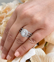Load image into Gallery viewer, 14k Solid White Gold Oval and Round Cut Forever One Moissanite and Diamond Engagement Ring And Two Band Double Halo, Bridal, Wedding 2.25ctw