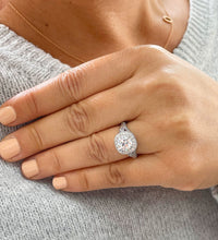 Load image into Gallery viewer, GIA/IGI Certified 14k Solid Heavy White Gold Round Cut And Baguettes Diamonds Eengagement Ring Bridal Halo Antique Style 2.30ctw F-VS2