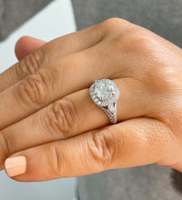 Load image into Gallery viewer, GIA/IGI Certified 14k Solid Heavy White Gold Round Cut And Baguettes Diamonds Engagement Ring Bridal Halo Antique Style 2.30ctw F-VS2