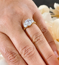 Load image into Gallery viewer, GIA/IGI Certified 14k Solid Yellow Gold Cushion Cut And Half Moon Diamond Engagement Ring Three Stone Style 2.80ctw F-VS2