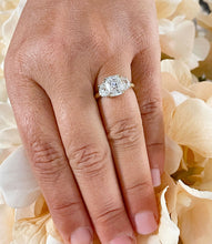 Load image into Gallery viewer, Elegant 14k Solid Yellow Gold Cushion Cut And Half Moon Moissanites Engagement Ring Bridal Wedding Propose Three Stone Syle 3.00ctw