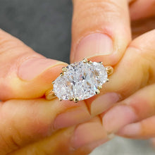 Load image into Gallery viewer, Elegant 14k Solid Yellow Gold Cushion Cut And Half Moon Moissanites Engagement Ring Bridal Wedding Propose Three Stone Syle 3.00ctw