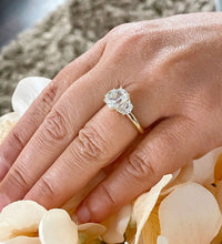 Load image into Gallery viewer, Elegant 14k Solid Yellow Gold Cushion Cut And Half Moon Moissanites Engagement Ring Bridal Wedding Propose Three Stone Syle 3.00ctw