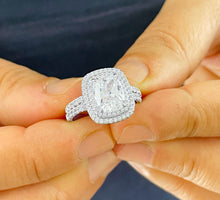 Load image into Gallery viewer, GIA/IGI Certified 14k Solid White Gold Cushion Cut And Round Cut Diamond Engagement Ring And Band Double Halo Bridal Set 2.30ct F-VS2