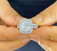 Load image into Gallery viewer, 14k Solid White Gold Cushion Cut Moissanite And Round Cut Natural Diamond Engagement Ring And Band Double Halo Bridal Set 2.75ct