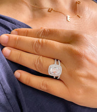 Load image into Gallery viewer, 14k Solid White Gold Cushion Cut Forever One Moissanite And Round Cut Natural Diamond Engagement Ring And Band Double Halo Bridal Set 2.75ct