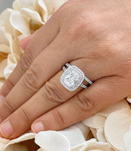 Load image into Gallery viewer, 14k Solid White Gold Cushion Cut Moissanite And Round Cut Natural Diamond Engagement Ring And Band Double Halo Bridal Set 2.75ct