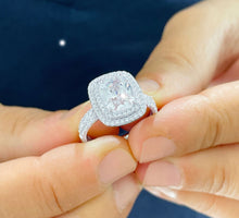 Load image into Gallery viewer, 14k Solid White Gold Cushion Cut Moissanite And Round Cut Natural Diamond Engagement Ring And Band Double Halo Bridal Set 2.75ct