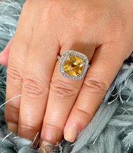 Load image into Gallery viewer, 14K Yellow Gold Cushion Yellow Citrine and Round Cut Diamond Ring Split Band, art deco, halo, promise, propose, anniversary, wedding  4.80ct