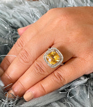 Load image into Gallery viewer, 14K Yellow Gold Cushion Yellow Citrine and Round Cut Diamond Ring Split Band, art deco, halo, promise, propose, anniversary, wedding  4.80ct