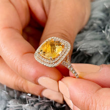 Load image into Gallery viewer, 14K Yellow Gold Cushion Yellow Citrine and Round Cut Diamond Ring Split Band, art deco, halo, promise, propose, anniversary, wedding  4.80ct
