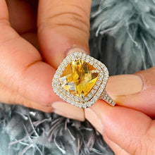 Load image into Gallery viewer, 14K Yellow Gold Cushion Yellow Citrine and Round Cut Diamond Ring Split Band, art deco, halo, promise, propose, anniversary, wedding  4.80ct