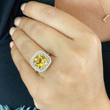 Load image into Gallery viewer, 14K Yellow Gold Cushion Yellow Citrine and Round Cut Diamond Ring Split Band, art deco, halo, promise, propose, anniversary, wedding  4.80ct
