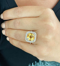 Load image into Gallery viewer, 14K Yellow Gold Cushion Yellow Citrine and Round Cut Diamond Ring Split Band, art deco, halo, promise, propose, anniversary, wedding  4.80ct