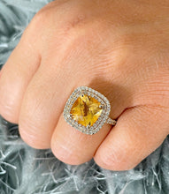 Load image into Gallery viewer, 14K Yellow Gold Cushion Yellow Citrine and Round Cut Diamond Ring Split Band, art deco, halo, promise, propose, anniversary, wedding  4.80ct