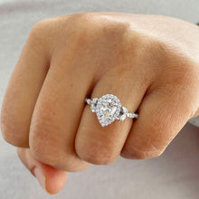 Load image into Gallery viewer, 14k Solid White Gold Pear Cut Moissanite and Round And Marquee Natural Diamond Engagement Ring Halo, 3.00ctw