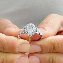 Load image into Gallery viewer, 14k Solid White Gold Pear Cut Moissanite and Round And Marquee Natural Diamond Engagement Ring Halo, 3.00ctw