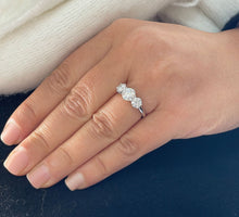 Load image into Gallery viewer, Elegant 14k solid white gold round cut forever one moissanite engagement ring art deco three stone style prong set, wedding, anniversary 2.00ctw