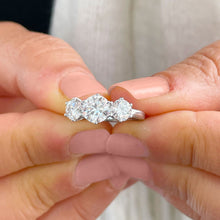 Load image into Gallery viewer, Elegant 14k solid white gold round cut forever one moissanite engagement ring art deco three stone style prong set, wedding, anniversary 2.00ctw