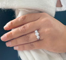 Load image into Gallery viewer, Elegant 14k solid white gold round cut forever one moissanite engagement ring art deco three stone style prong set, wedding, anniversary 2.00ctw