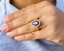 Load image into Gallery viewer, 14K Solid Yellow Gold Natural Garnet Pear Shape And Round Cut Natural Diamonds Engagement Ring Halo 3.80ct