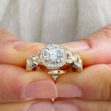 Load image into Gallery viewer, 14k Solid Yellow Gold Round Moissanite And Natural Round Cut Diamond Engagement Ring Halo Prong Set 2.10ctw
