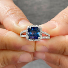 Load image into Gallery viewer, 14k Solid White Gold Simulated Cushion Cut sapphire and Round Cut Natural Diamonds Engagement Ring Prong Set Halo 3.50ctw