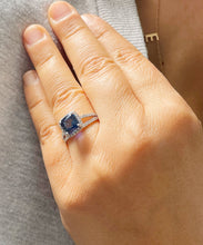 Load image into Gallery viewer, 14k Solid White Gold Simulated Cushion Cut sapphire and Round Cut Natural Diamonds Engagement Ring Prong Set Halo 3.50ctw