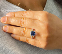 Load image into Gallery viewer, 14k Solid White Gold Simulated Cushion Cut sapphire and Round Cut Natural Diamonds Engagement Ring Prong Set Halo 3.50ctw