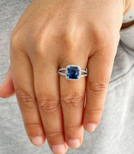 Load image into Gallery viewer, 14k Solid White Gold Simulated Cushion Cut sapphire and Round Cut Natural Diamonds Engagement Ring Prong Set Halo 3.50ctw