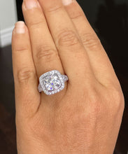 Load image into Gallery viewer, 14k Solid White Gold Cushion Cut Forever One Moissanite and Diamond Bezel Engagement Ring Bridal Halo, Wedding, Anniversary 4.80ctw