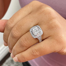 Load image into Gallery viewer, 14k Solid White Gold Cushion Cut Moissanite and Diamond Bezel Engagement Ring Bridal Halo, Wedding, Anniversary 4.80ctw