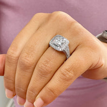 Load image into Gallery viewer, 14k Solid White Gold Cushion Cut Moissanite and Diamond Bezel Engagement Ring Bridal Halo, Wedding, Anniversary 4.80ctw